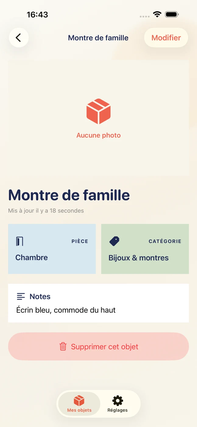 Où j’ai mis ça ? sur iPhone — Fiche objet
